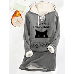 Women's Hoodie Dress Casual Dress Mini Dress Sherpa Fleece Lined Warm Outdoor Going out Weekend Hoodie Pocket Print Cat Letter Loose Fit Dark Pink Blue Gray S M L XL XXL