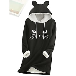 Women's Hoodie Dress Casual Dress Mini Dress Sherpa Fleece Lined Warm Outdoor Going out Weekend Hoodie Print Cat Loose Fit Black Dark Pink Blue S M L XL XXL