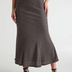 Womens Khaki Rib Fishtail Midi Skirt