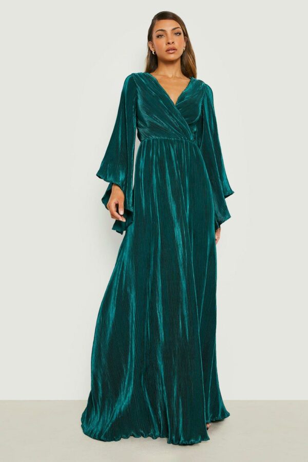 Womens Kimono Plisse Maxi Dress - Green - 12, Green