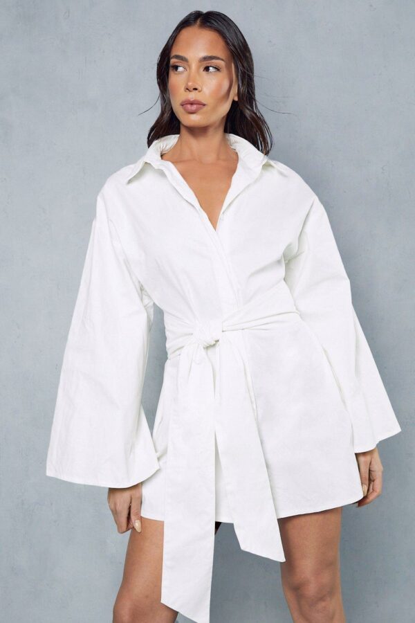 Womens Kimono Sleeve Oversized Belted Shirt Dress - white - 12, White