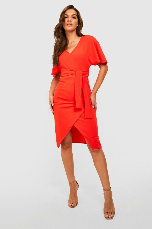 Womens Kimono Tie Belt Midi Dress - Orange - 8, Orange