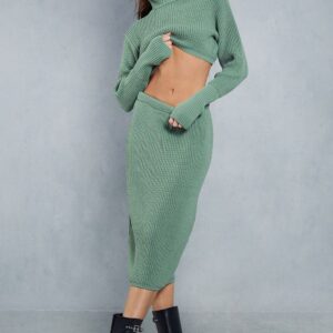 Womens Knitted High Waist Midi Skirt - sage - 6, Sage