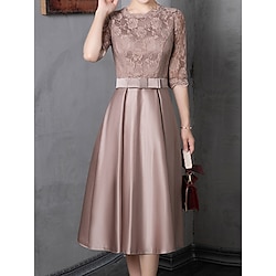 Women's Lace Dress Party Dress Cocktail Dress Lace Patchwork Crew Neck Half Sleeve Midi Dress Wedding Guest Birthday Blue Brown Spring Fall