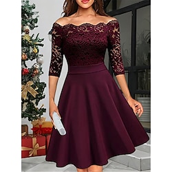 Women's Lace Dress Party Dress Sheath Dress Lace Patchwork Off Shoulder Half Sleeve Midi Dress Wedding Wedding Guest Wine Dark Blue Spring Fall