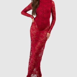 Womens Lace High Neck Backless Maxi Dress - Red - 10, Red