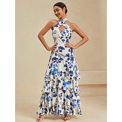 Women's Layered Dress Floral Ruffle Halter Neck Maxi Dress Formal Party Sleeveless Summer