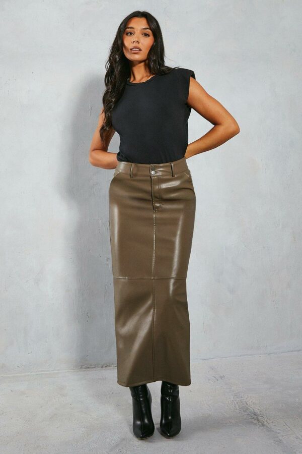 Womens Leather Look Column Maxi Skirt - khaki - 8, Khaki