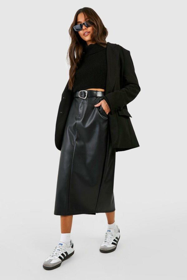 Womens Leather Look High Waisted Midaxi Skirt - Black - 10, Black