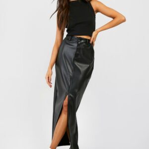 Womens Leather Look High Waisted Split Maxi Skirt - Black - 8, Black