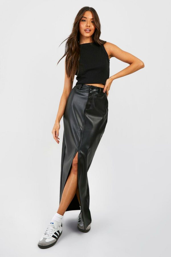 Womens Leather Look High Waisted Split Maxi Skirt - Black - 8, Black