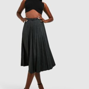 Womens Leather Look Pleated Midi Skirt - Black - 14, Black