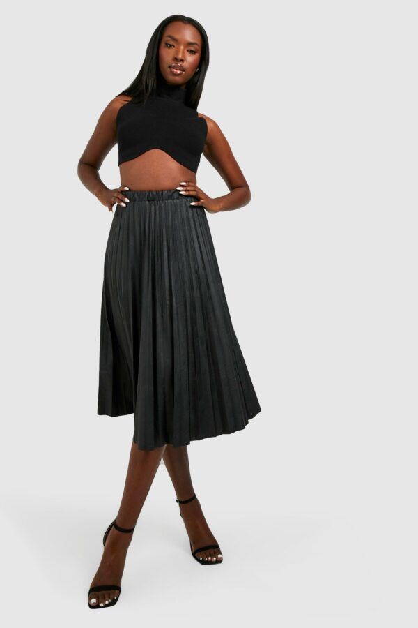 Womens Leather Look Pleated Midi Skirt - Black - 14, Black