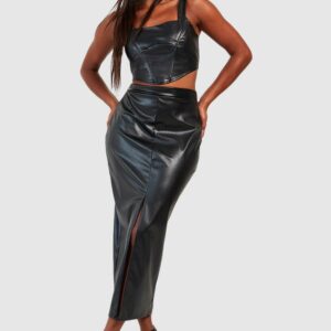 Womens Leather Look Split Hem Midaxi Skirt - Black - 6, Black