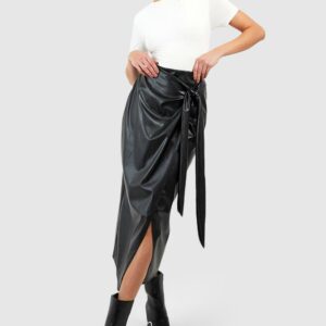 Womens Leather Look Wrap Midaxi Skirt - Black - 10, Black