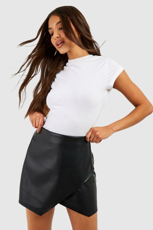 Womens Leather Look Wrap Tailored Mini Skirt - Black - 12, Black