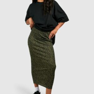 Womens Leopard Ribbed Midi Skirt - Green - 6, Green