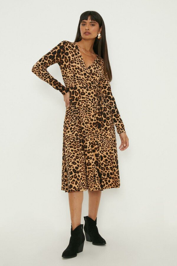 Womens Leopard Wrap Midi Dress