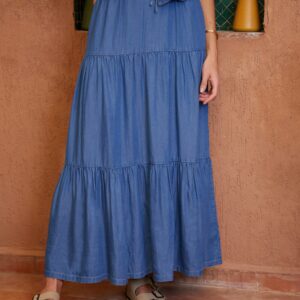 Women's Light Wash Pull On Tiered Chambray Midi Skirt