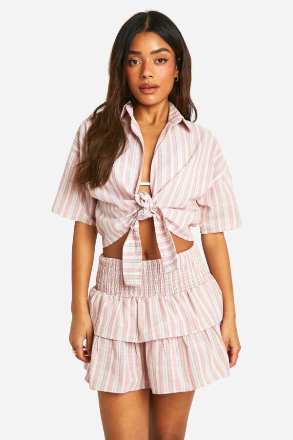 Womens Linen Look Stripe Tiered Beach Rara Skirt - Pink - S, Pink