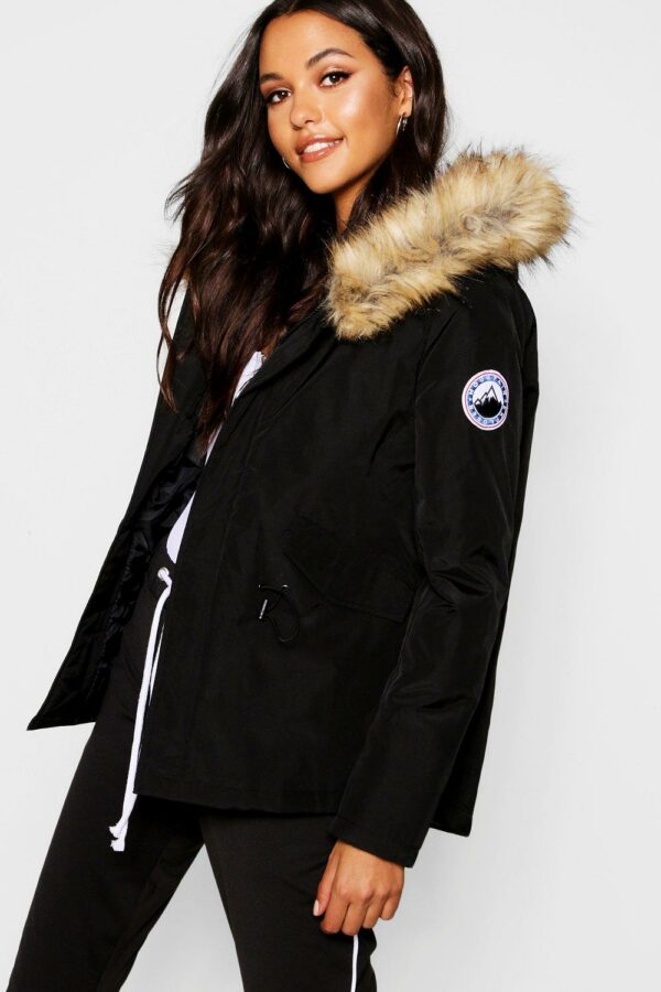 Womens Luxe Faux Fur Sporty Parka Coat - Black - 10, Black