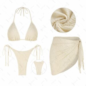 Women's Matching 3PC Swimwear Set Textured Halter Tie Side Triangle Thong Bikini Set With Thru Sarong Style Cover Up Skirt Light coffee