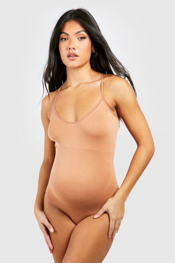 Womens Maternity Bump Support Sculpt Shapewear Bodysuit - Beige - S, Beige