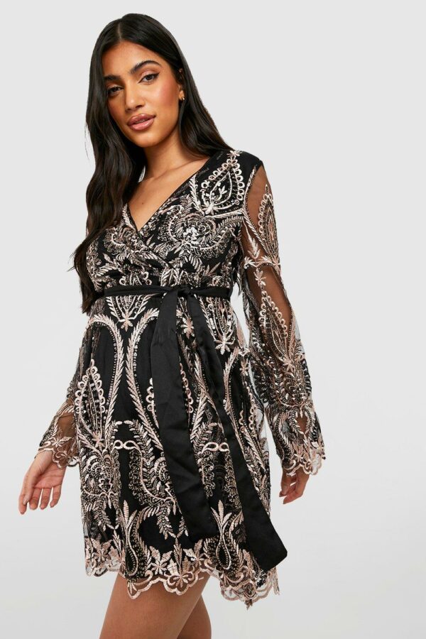 Womens Maternity Damask Sequin Wrap Skater Dress - Black - 10, Black