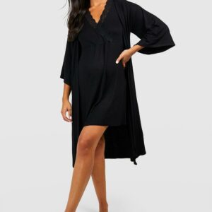 Womens Maternity Nursing Nightie & Kimono Dressing Gown Set - Black - 14, Black