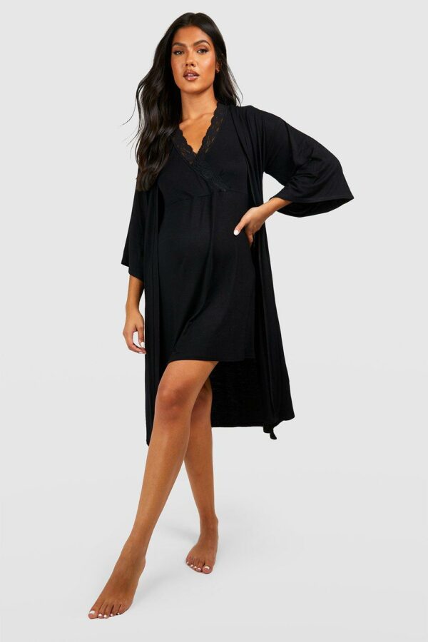 Womens Maternity Nursing Nightie & Kimono Dressing Gown Set - Black - 14, Black