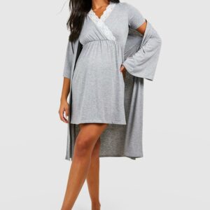 Womens Maternity Nursing Nightie & Kimono Dressing Gown Set - Grey - 16, Grey