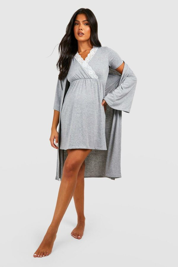 Womens Maternity Nursing Nightie & Kimono Dressing Gown Set - Grey - 16, Grey