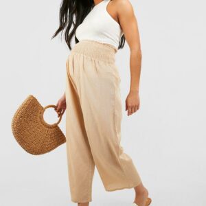 Womens Maternity Shirred Waist Linen Culottes - Beige - 12, Beige