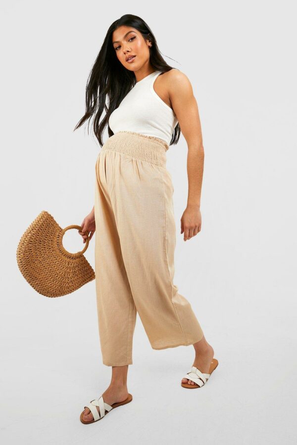 Womens Maternity Shirred Waist Linen Culottes - Beige - 12, Beige