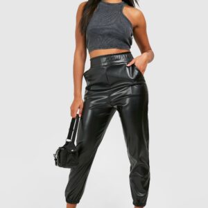 Womens Matt Faux Leather High Waisted Joggers - Black - 6, Black