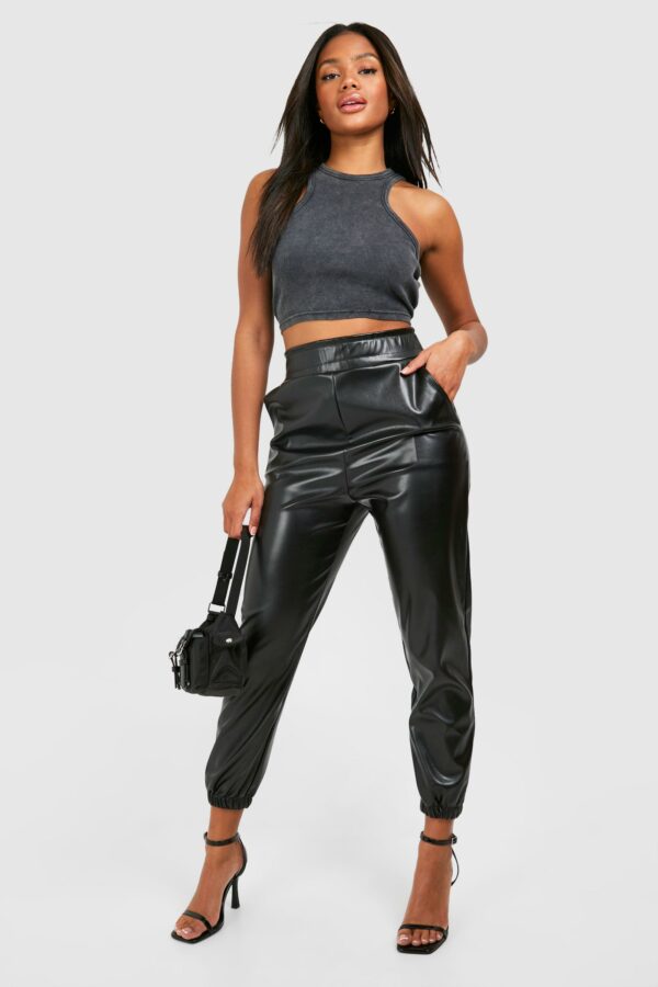 Womens Matt Faux Leather High Waisted Joggers - Black - 6, Black