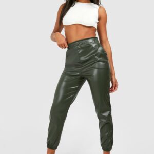 Womens Matt Faux Leather High Waisted Joggers - Green - 6, Green