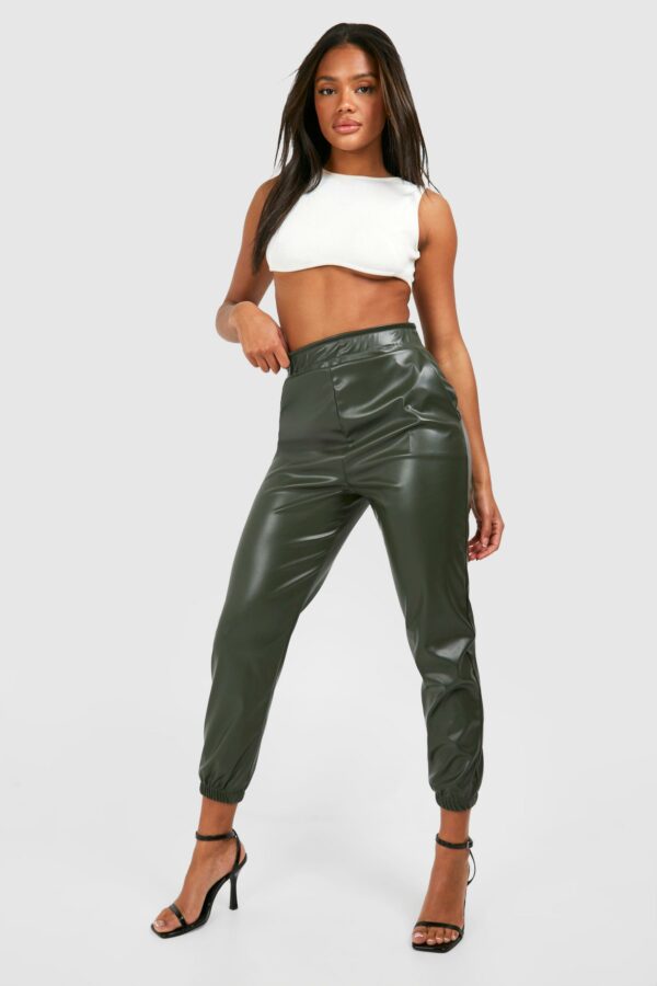 Womens Matt Faux Leather High Waisted Joggers - Green - 6, Green