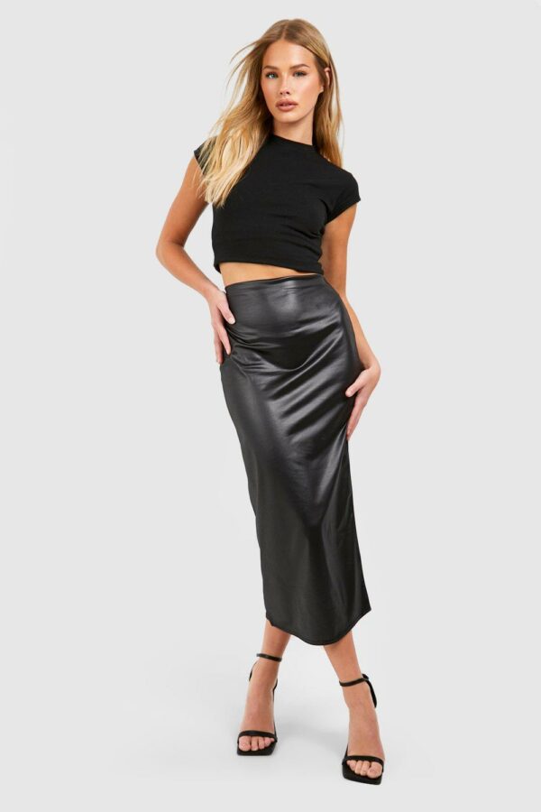 Womens Matte Faux Leather Midaxi Skirt - Black - 6, Black