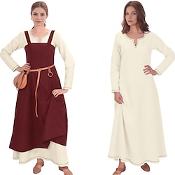 Women's Medieval Viking Apron Overdress with Laced Back Tunic Dress Set 2 PCS Outfits for LARP Ren Faire Renaissance Fair Party Carnival Halloween Dress