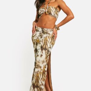 Womens Mesh Animal Print Bralette & Maxi Skirt - Black - 14, Black