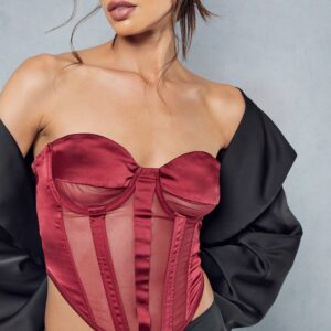 Womens Mesh Panel Boned Corset Top - burgundy - 12, Burgundy