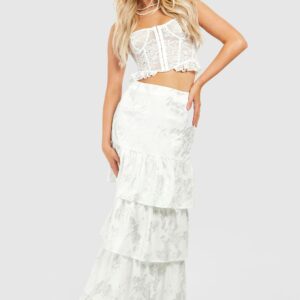 Womens Metallic Printed Tiered Maxi Skirt - White - 10, White