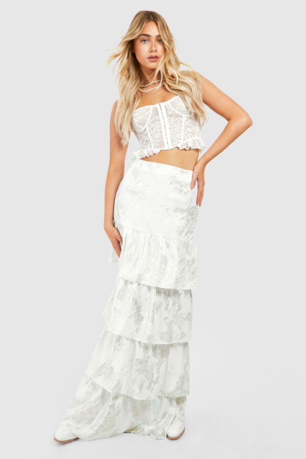 Womens Metallic Printed Tiered Maxi Skirt - White - 10, White