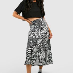 Womens Mixed Animal Print Midi Skirt - Black - 8, Black