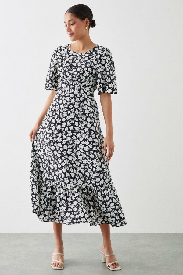 Womens Mono Floral Print Flutter Sleeve Midi Dress