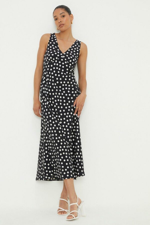 Womens Mono Spot Print V Neck Bias Midi Dress