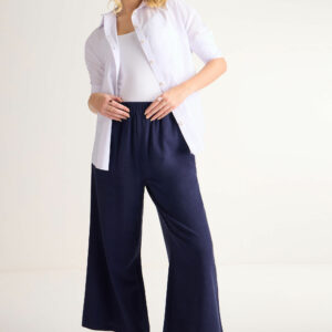 Womens Navy Linen Blend Elasticated Culottes