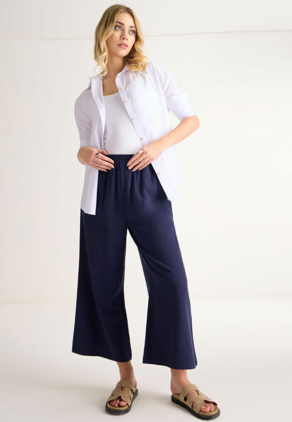 Womens Navy Linen Blend Elasticated Culottes