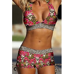 Women's Normal Swimwear Bikini Swimsuit Halter 2 Piece Printing Leopard Skull Beach Wear Push Up Bathing Suits